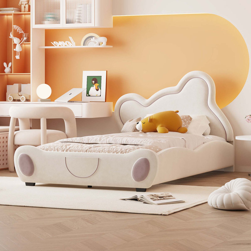 Lit plateforme en velours avec tête de lit en forme d'ours et poche de rangement à l'extrémité du lit, Beige, Simple