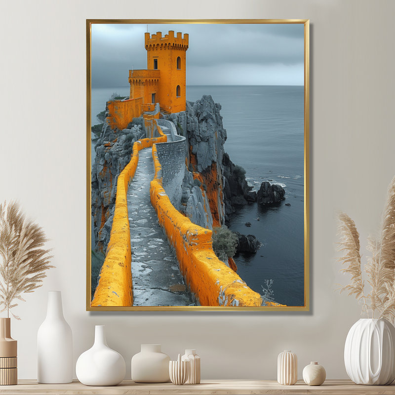 Décoration murale monochromes jaune et gris d'hiver Coastal Castle II - Châteaux, Toile avec cadre flottant or