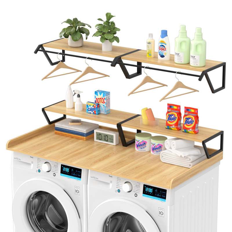 Washer Dryer Countertop with Wall Shelves Set - Durable, Waterproof, and Functional Design with Hanging Rod, Natural