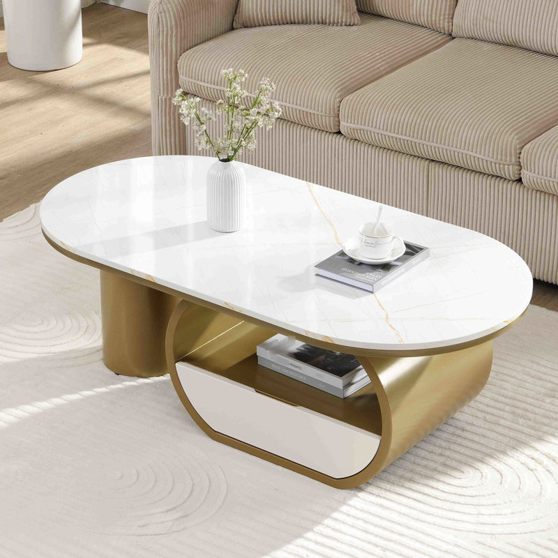 Table basse moderne de luxe 47,94 po avec tiroir de rangement, conception ovale, plateau en faux marbre, métal doré pour le salon, fabrication, pieds réglables, emballage sécuritaire