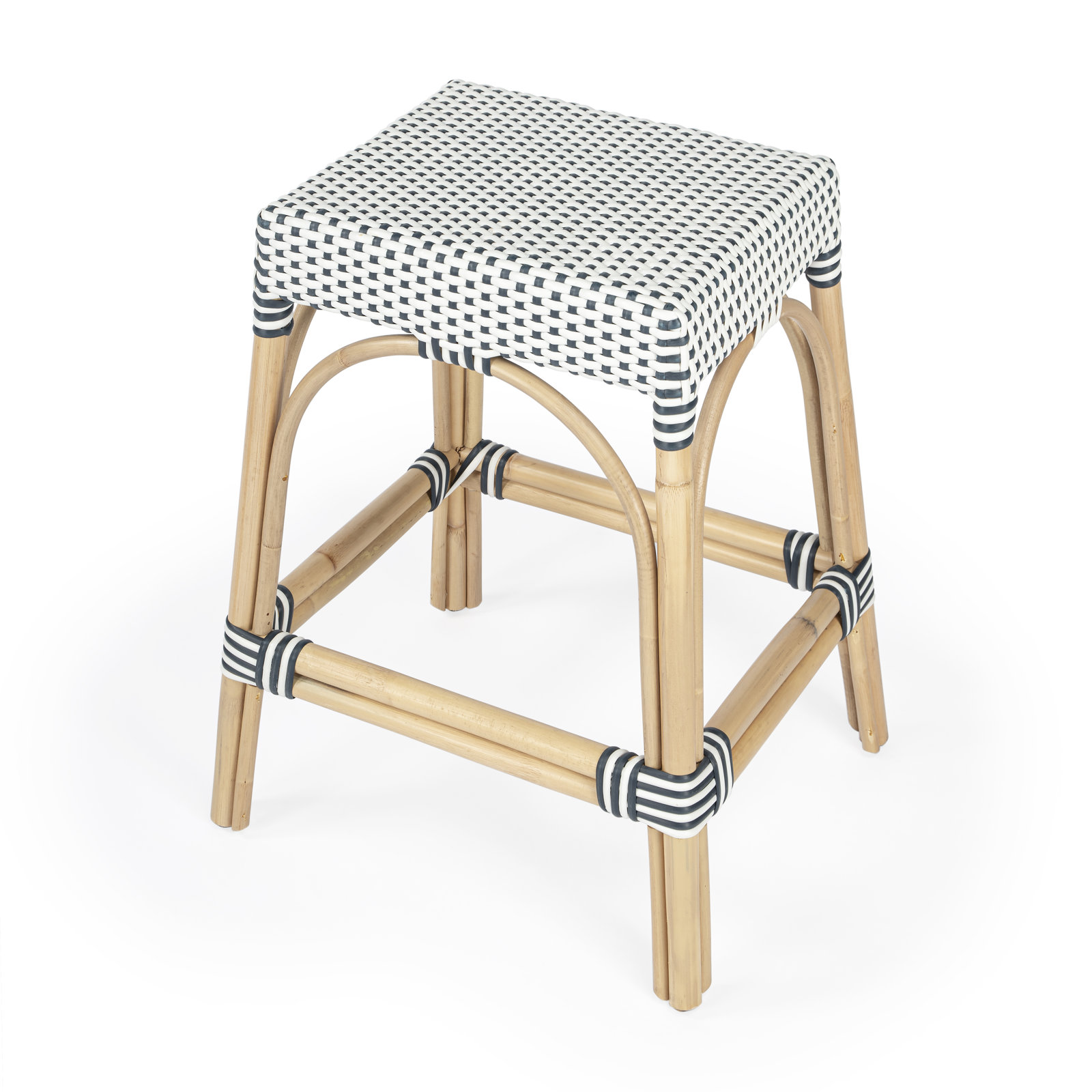 Lennart Bar and Counter Stool, White/Navy Dot/ Natural Rattan Frame, Bar Stool (30" Seat Height)