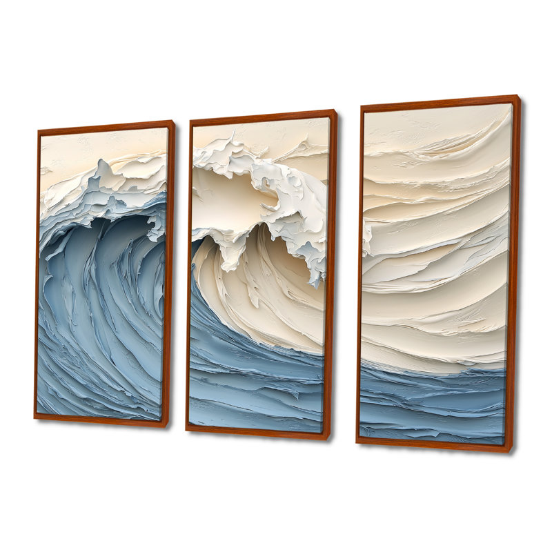 Clareen - ensemble d'impressions murales vagues côtières, Toile avec cadre flottant brun, H 32 po x l 48 po x P 1 po