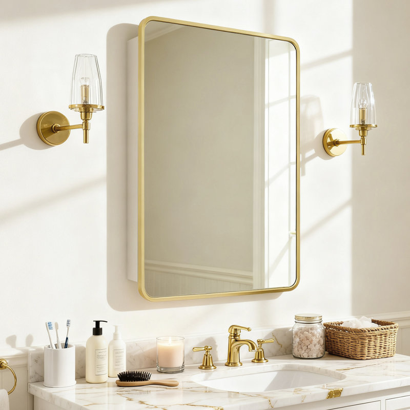 Armoire à pharmacie en aluminium avec miroir, H 36 po x l 24 po x P 3,8 po, Doré