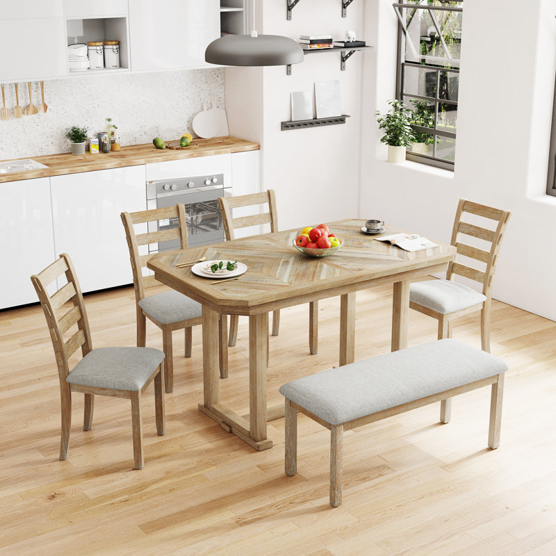 Ensemble de table de salle à manger 6 pièces en bois d'hévéa Cutwright avec placage en bois massif et coussin moelleux