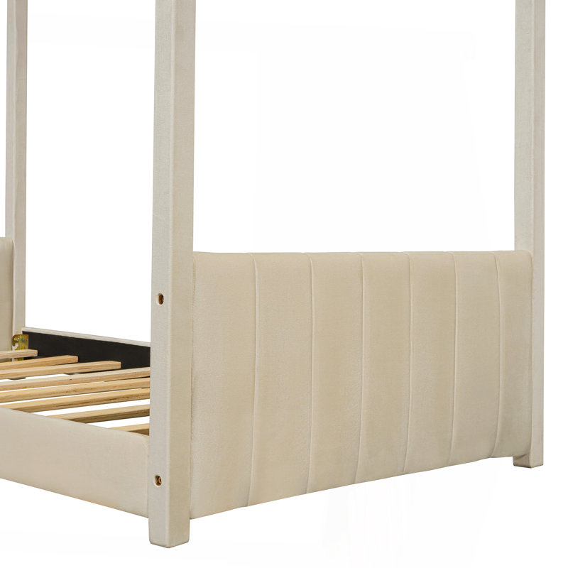 Lit simple en bois et velours, beige, Beige, Twin