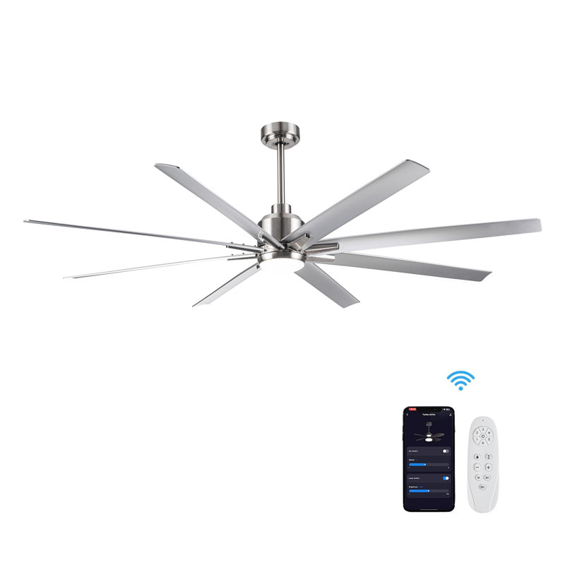 Ventilateur de plafond intelligent à DEL de 72 pouces avec pales argentées, finition nickel brossé - Compatible avec Alexa et Google Assistant, moteur à courant continu silencieux