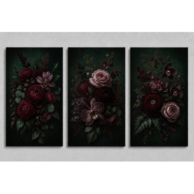 Grand ensemble de 3 impressions murales vert foncé sur toile botanique Moody, impression sur toile gothique 16 x 24 pouces