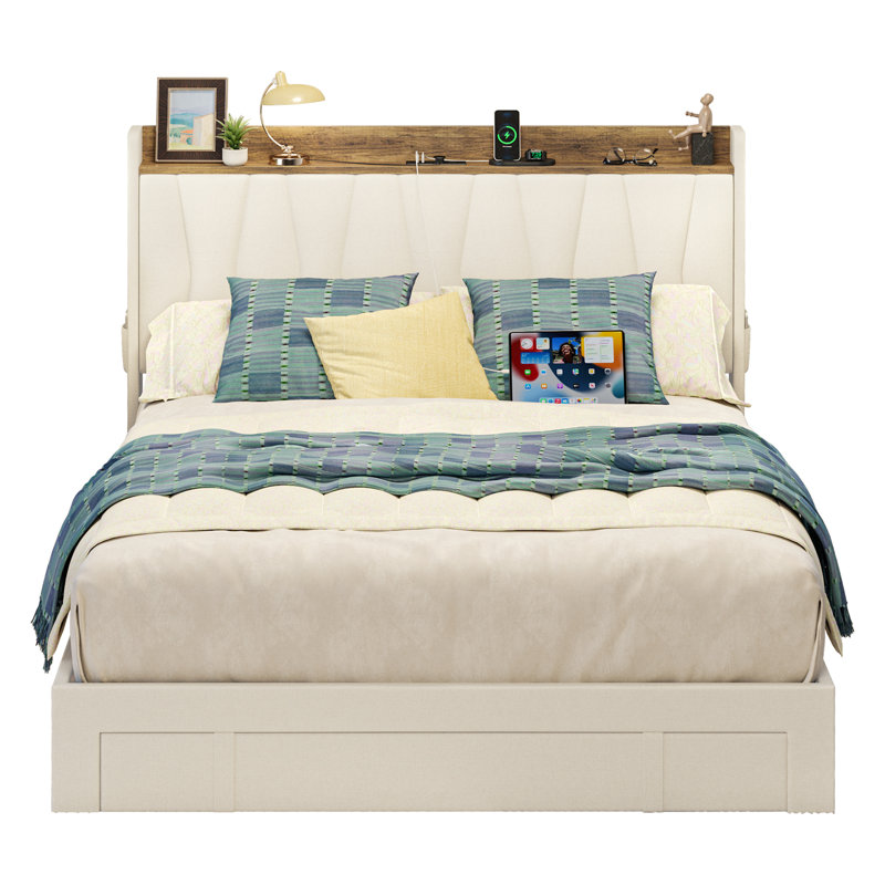 Upholstered Bed Frame with 3 Drawers, Bed with Storage Headboard and Charging Station, Full, Beige