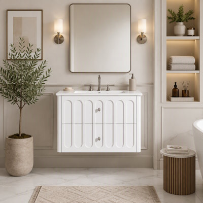 30" Modern Floating Bathroom Vanity with Oval Knobs & Round Edge, Soft-Close Drawer Slides, Bathroom Cabinet with Ceramic Sink
