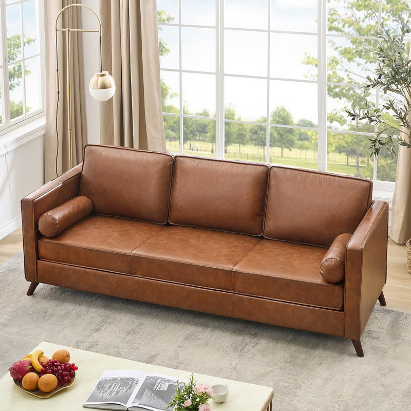 81" Leather Sofa, Mid Century Modern Deep Seat Couch, Upholstered Cushion&Removable Cover, Brown PU Couch