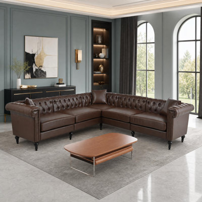 Chesterfield Faux Leather Sectional with Rolled Arms