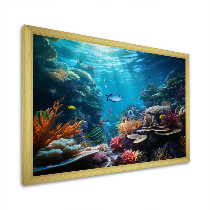 Toile de corail, art marin, impression côtière - Coral Seascape III, H 24 po x l 32 po x P 1 po, Cadre doré simple