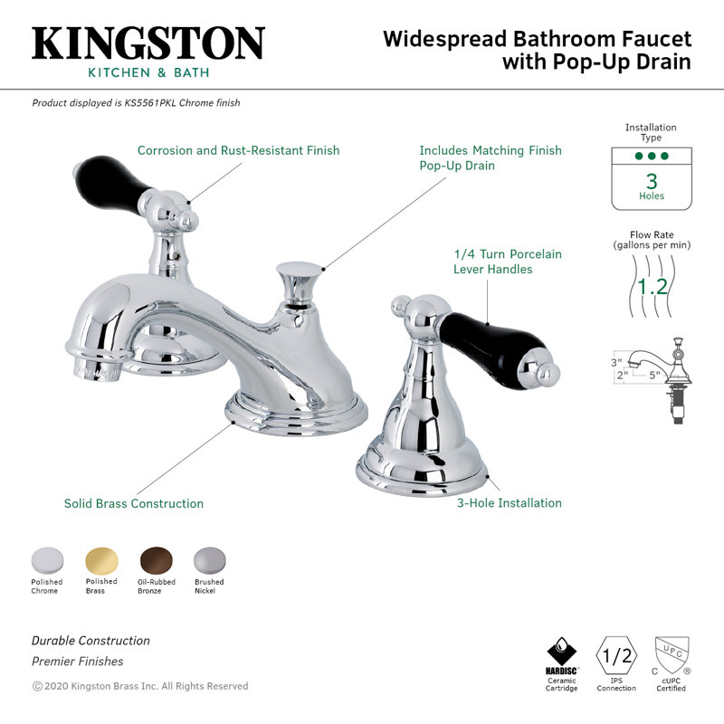 Kingston Brass Duchess Two-Handle 3-Hole Deck Mount Widespread Bathroom Faucet with Brass Pop-Up Drain, Brushed Nickel