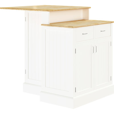 2-Level Rubber Wood Kitchen Island With Adjustable Shelves, White Storage And Tabletop - White, Shelves Drawers For Functional Home