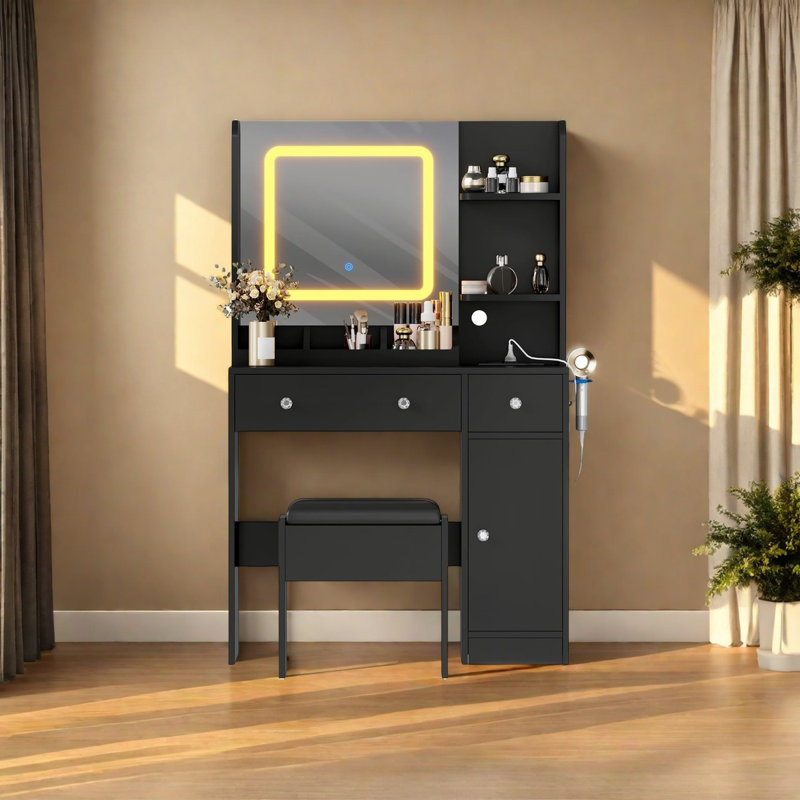 Bureau de coiffeuse avec miroir, table de maquillage avec station de charge, Noir, noir, noir, noir