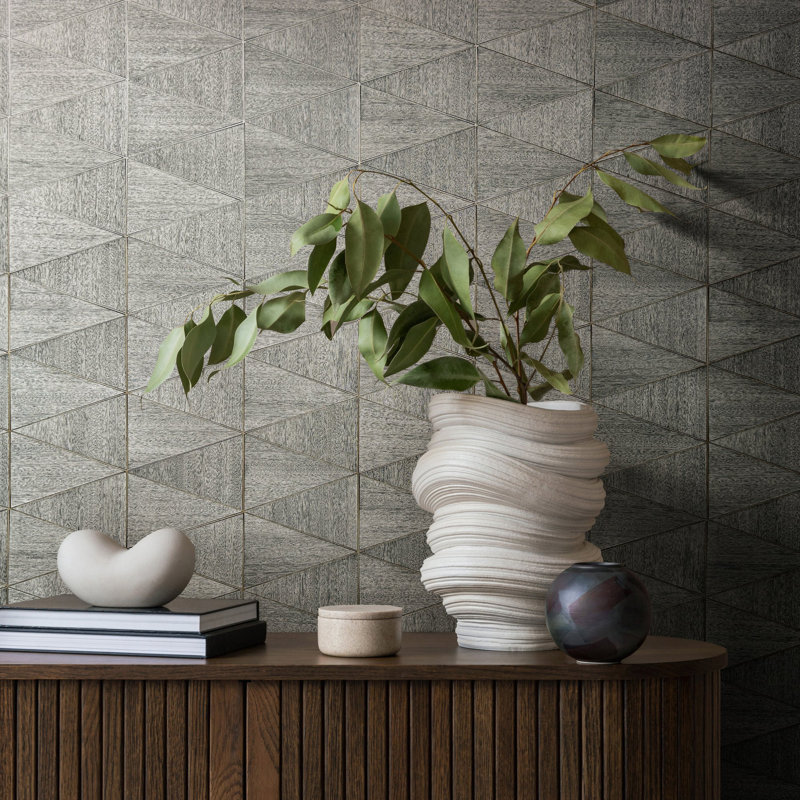Woods and Wicker Collection Triangular Wood Tile Wallpaper Roll, Gray