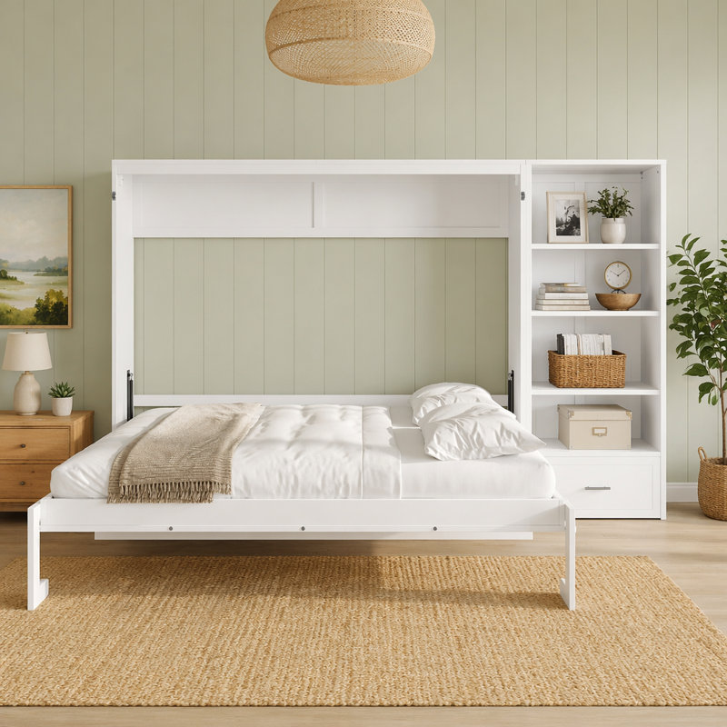 Lit escamotable avec compartiments de rangement et tablette réglables en hauteur, cadre de lit mural avec 1 tiroir, White