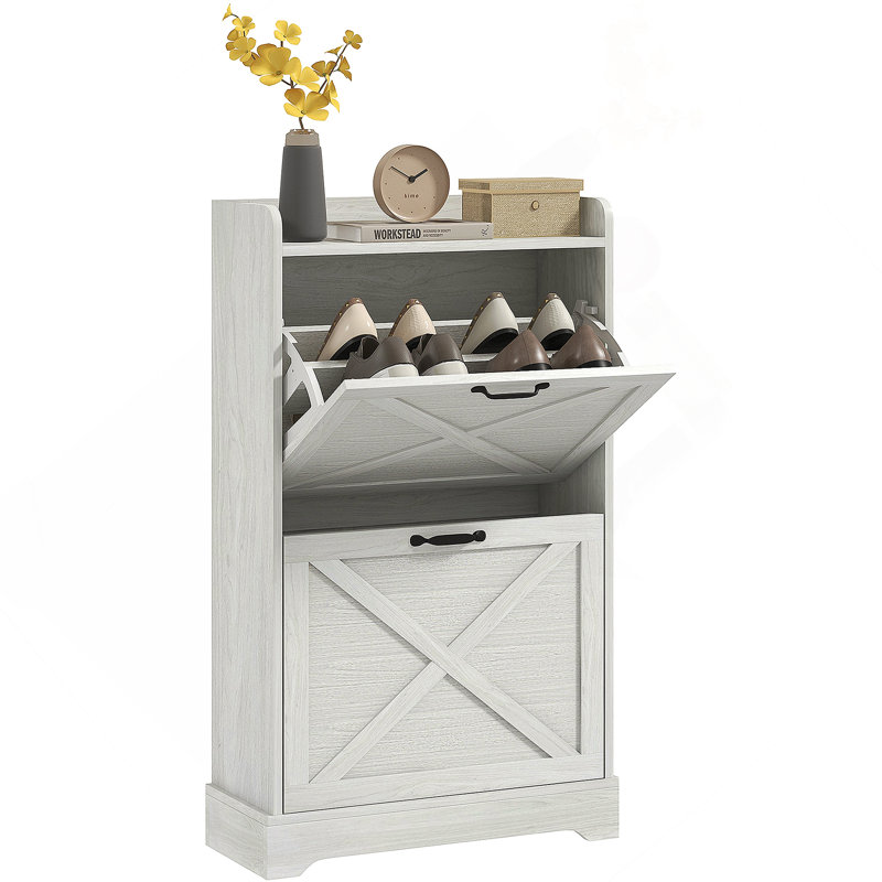 Slim Shoe Cabinet For Entryway, Farmhouse Hidden Shoe Storage Cabinet With 2 Flip Drawers