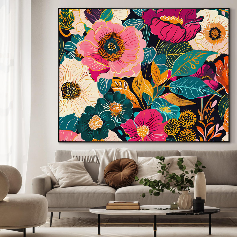 Très grande reproduction d'art sur toile - Motif floral audacieux et coloré, décoration pour le salon ou la chambre à coucher - «Assemblage requis du cadre (cadre non fini)»