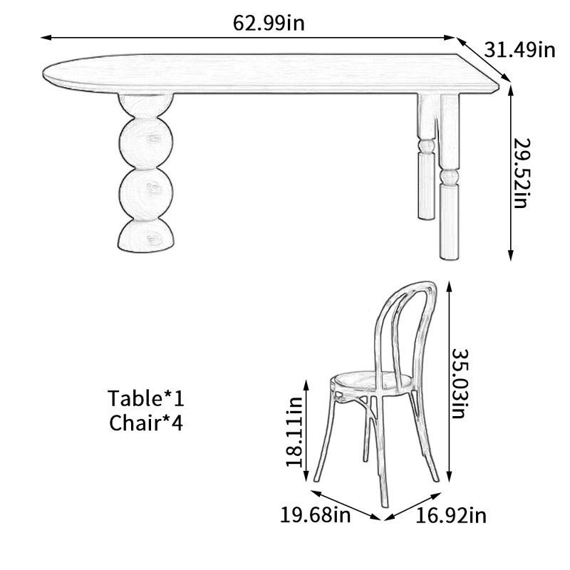 Ensemble de table de salle à manger Black Retro Creative, H 29,52 po x L 62,99 po x l 31,49 po