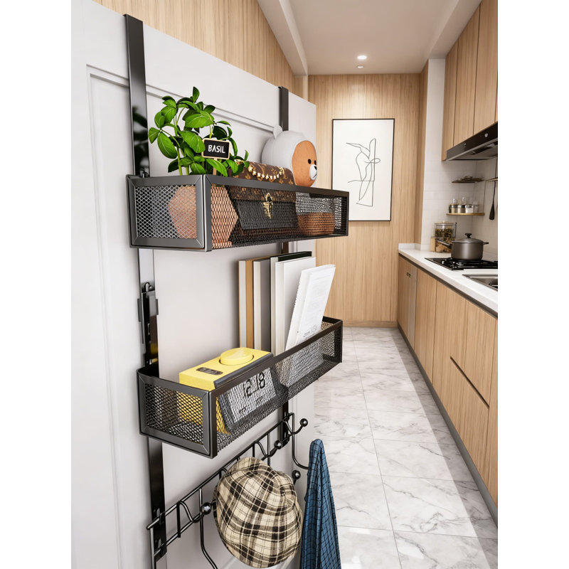 Rangement à suspendre au-dessus de la porte avec crochets et paniers de rangement + porte-éponge adhésif 4-en-1 pour l'organisation de la cuisine et de la salle de bain