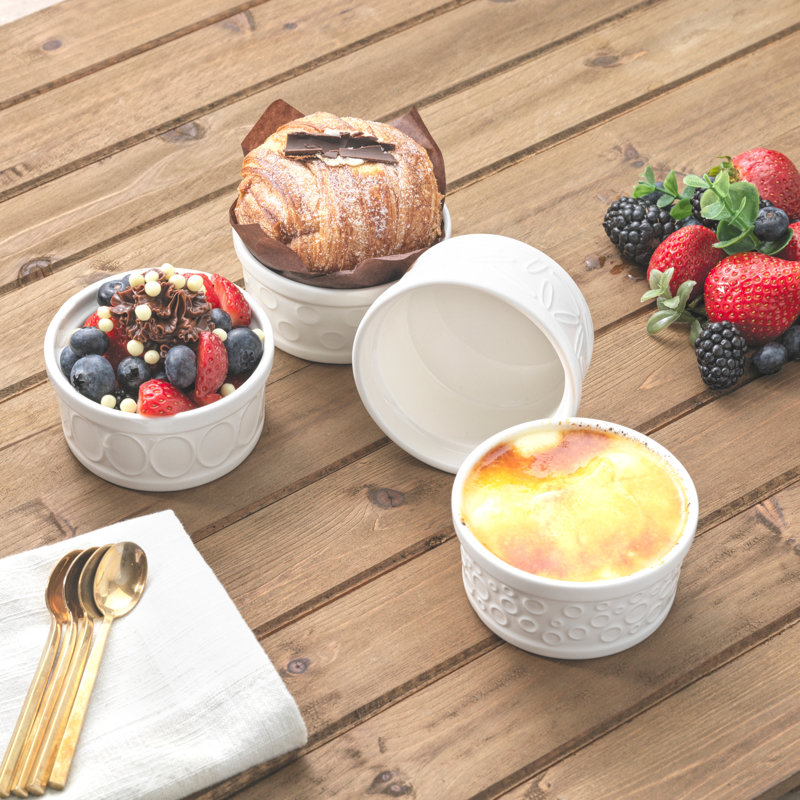 White Embossed Porcelain Ramekins Set of 4, 4 oz