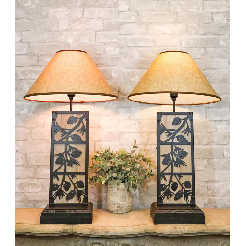 Set Of 2 Rustic Western Pinecone On Branches Wood Metal Bedside Table Lamps