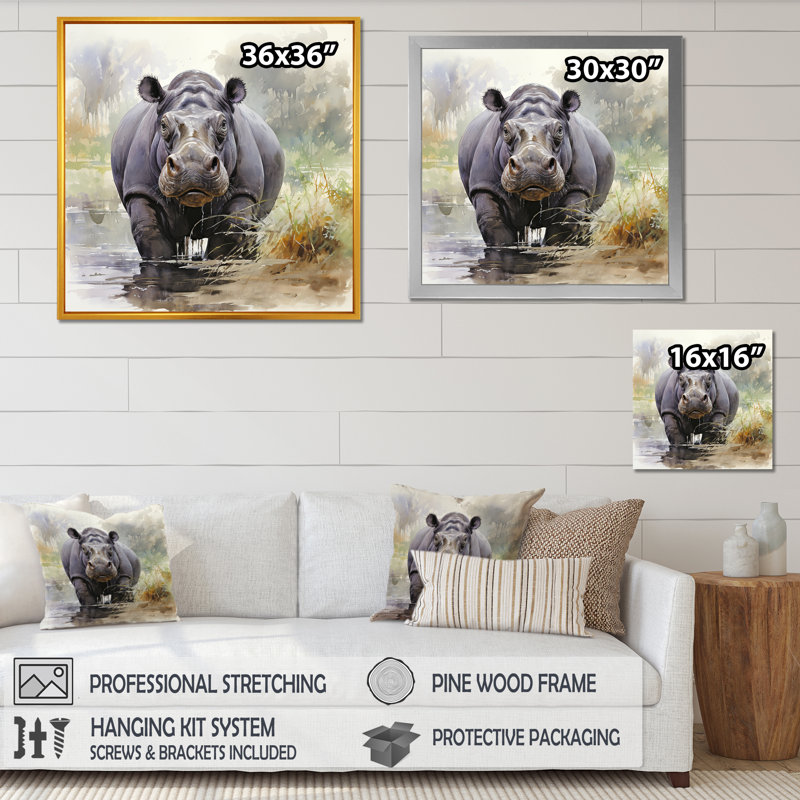 Hippopotame gris serein majestueux - Hippopotame, H 36 po x l 36 po x P 1,5 po, Cadre flottant doré
