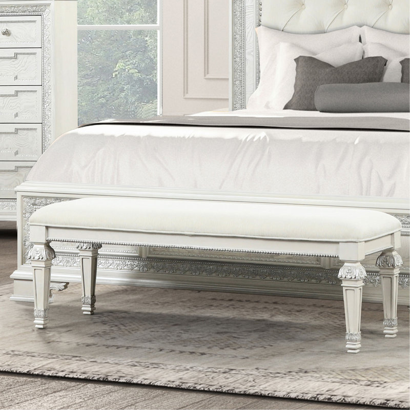 Banc traditionnel blanc crème avec capitonnage à boutons en losanges, bois de pin et bois d'ingénierie, l 54 po pour le couloir de la chambre à coucher