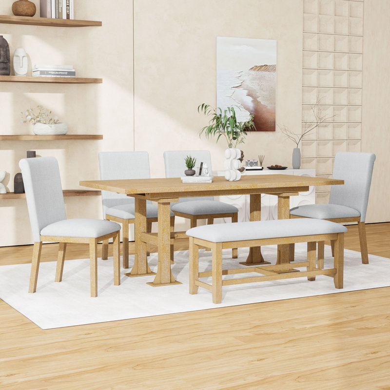 Ensemble de table de salle à manger extensible 6 pièces avec rallonge, chaise et banc Charmant, Naturel, Gris clair