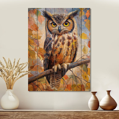 Autumn Wise Owl Wisdom I - Art mural moderne sur bois de pin naturel