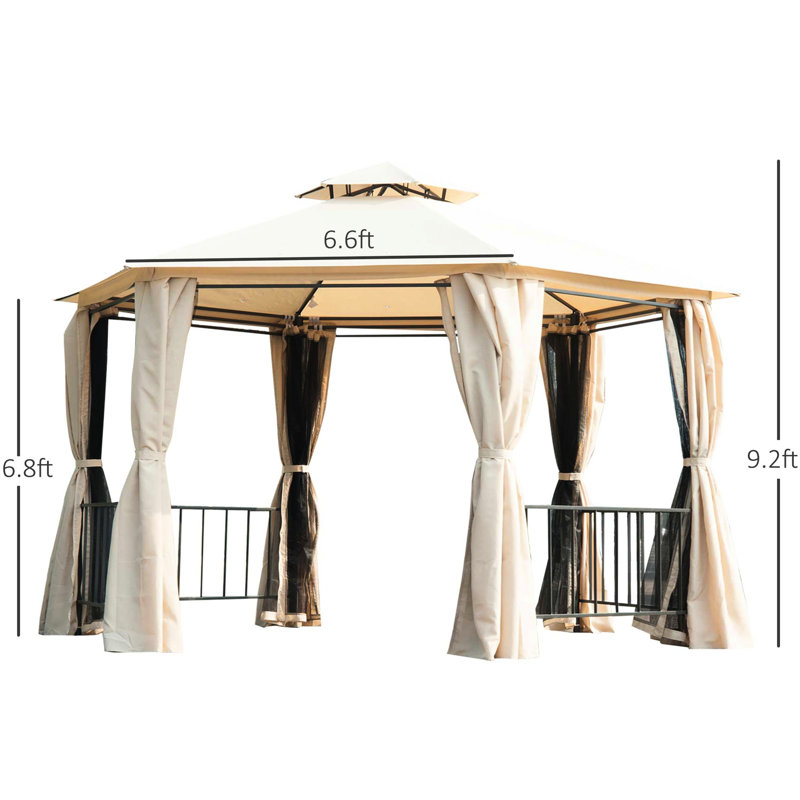 Beige 13' X Gazebo With Reduced Heat - Double Roof Hexagon Outdoor Canopy Netting, Curtains, Solid Steel Frame Patio And Glare Blocking Netting & Frame,
