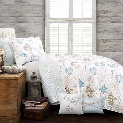 Harbor Life Blue/Taupe Microfiber Reversible Coastal 7 Piece Quilt Set