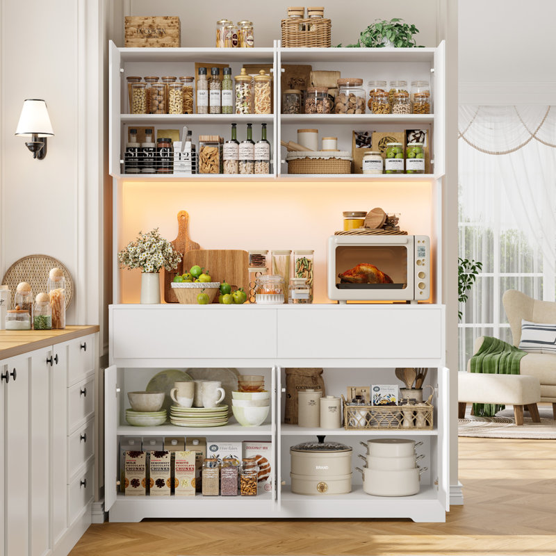 Aybike  71"H X 47.2"W 8-Door Pantry Cabinet with Adjustable RGB LED Lights and Charging Station, Modern Food Pantry with Adjustable Shelves & Soft-close Doors
