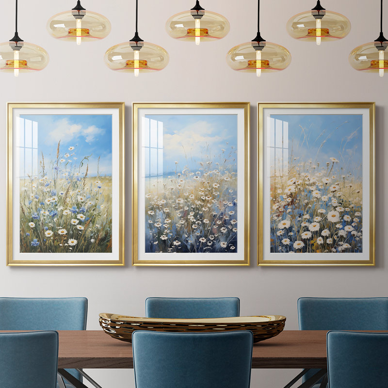 FLORAL Series V - Impression encadrée sur mesure de qualité supérieure mate - 3 pièces, H 21 po x l 30 po, Doré
