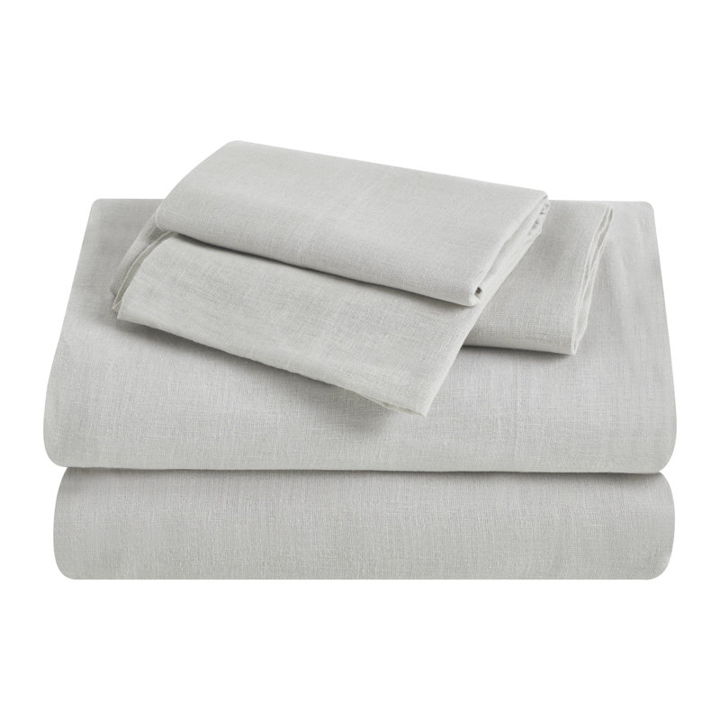 Orion Cotton Linen Blend Garment Washed Deep Pocket Bed Sheet Set, Cal.King Sheet 4pc Set, Silver