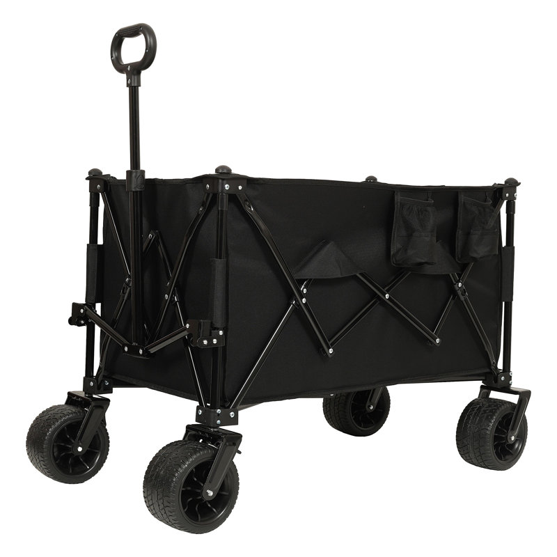 Chariot allongé pliable et pliable, capacité de poids de 480 lb, chariot de jardin pliant robuste avec grandes roues tout-terrain et porte-boissons, poche latérale et freins