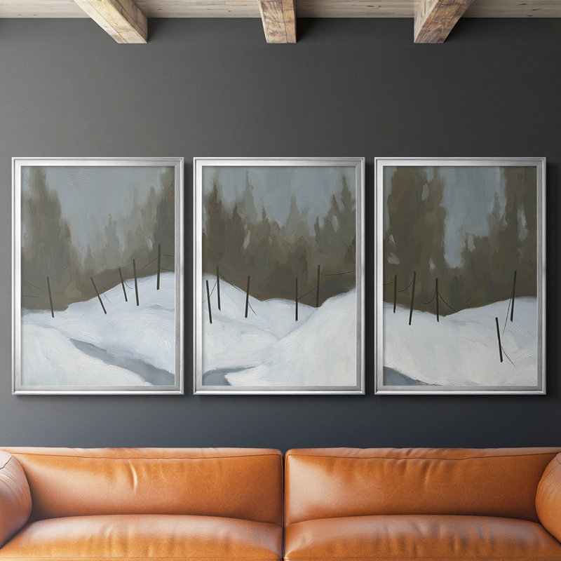 Deep Snow II - Toile tendue avec châssis sur mesure - 3 pièces, H 19 po x l 45 po, Argent argent