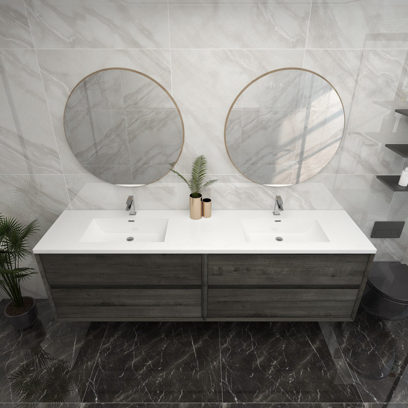 Ensemble de meuble-lavabo mural 84 po, Chêne fumé