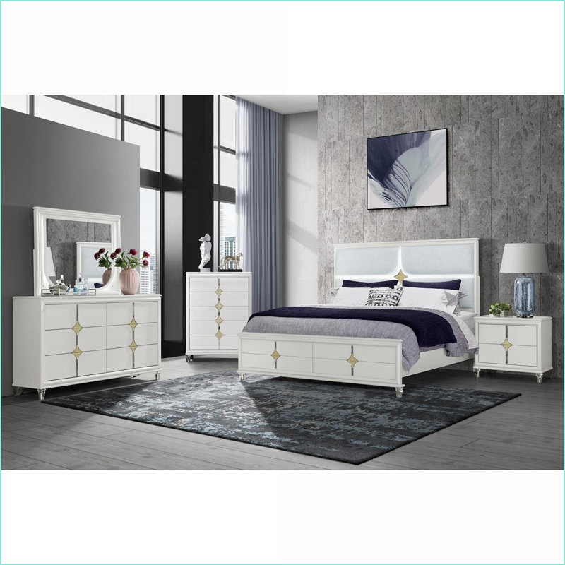 Ensemble de chambre pour très grand lit 5 pièces, moderne avec éclairage DEL, tiroirs spacieux et amp; Accents dorés | Bois massif et panneau de fibres à densité moyenne | Commodes doubles