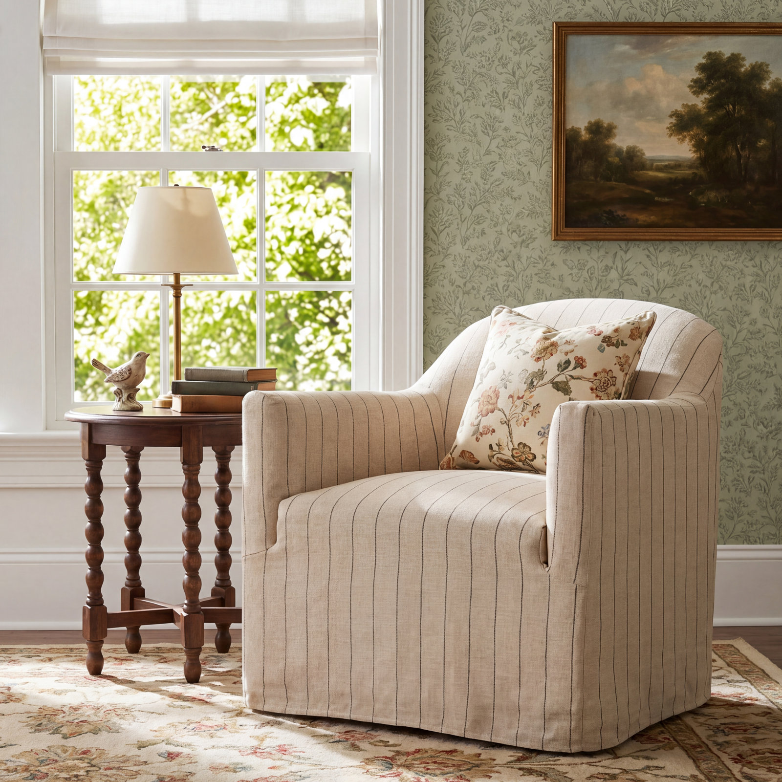 Lowell Slipcover Swivel Chair, Cream Striped Linen