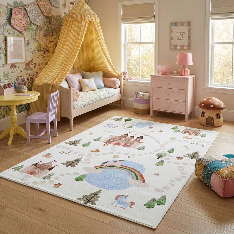 Tapis à motif de château de licorne blanc / bleu 7 pi x 10 pi (6 pi 7 po x 9 pi 6 po) Branch Everly