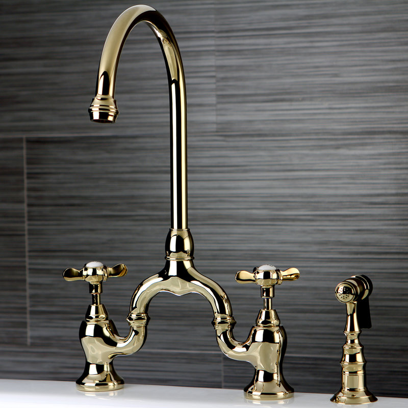 Kingston Brass Essex Two-Handle 3-Hole Deck Mount Bridge Kitchen Faucet with Brass Side Sprayer, Polished Brass