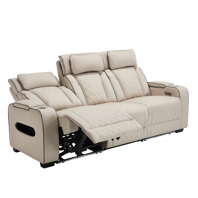Faux Leather Electric Reclining Sofa, Beige, 3