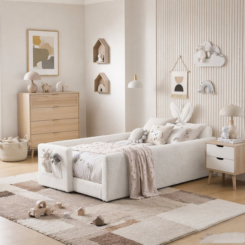 Lit plateforme simple avec tête de lit pour oreilles de lapin, barrière de sécurité et poche de rangement, Yellow