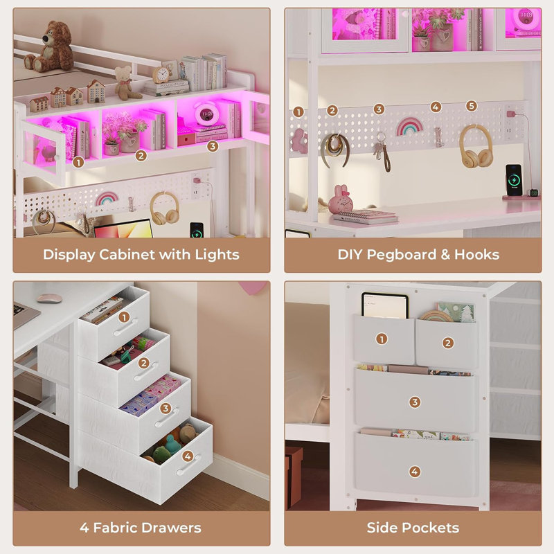 Twin Over Twin Bunk Bed With Desk,Twin Size Bunk Beds With Led Light & Charging Station & Storage Drawers,Metal Bed With Safety Guardrail & Ladder,For Kids & Teens,Space Saving