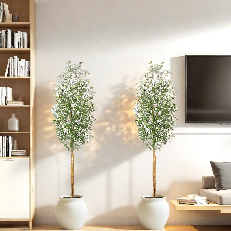 Faux oliviers, oliviers avec tronc de bois naturel et mousse verte