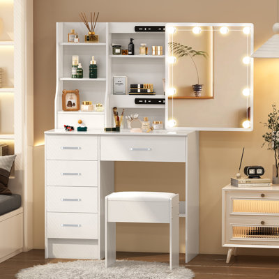 Makeup Vanity with 10 Light Bulbs, Vanity Desk with Lighted Mirror & 3 Drawers Chest, Vanity Set, Vanity Table with Stool for Bedroom, White