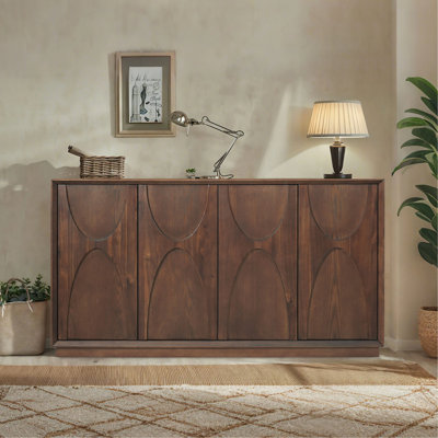 4 Door Accent Cabinet with Solid Wood Carved Doors, Adjustable Shelves, Push to Open Storage Cabinet with Cable Management, Ash Veneer Sideboard for Living Room