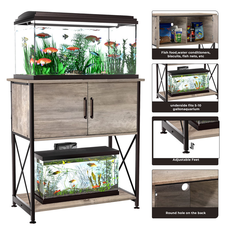 Gray Metal and MDF 29 Gallon Aquarium Stand with Storage Cabinet